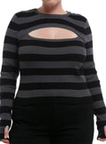 Black Dark Grey Cut Out Girls Crop Long Sleeve Top Plus Size Long Sleeve T Shirt Premium Print Urban Look