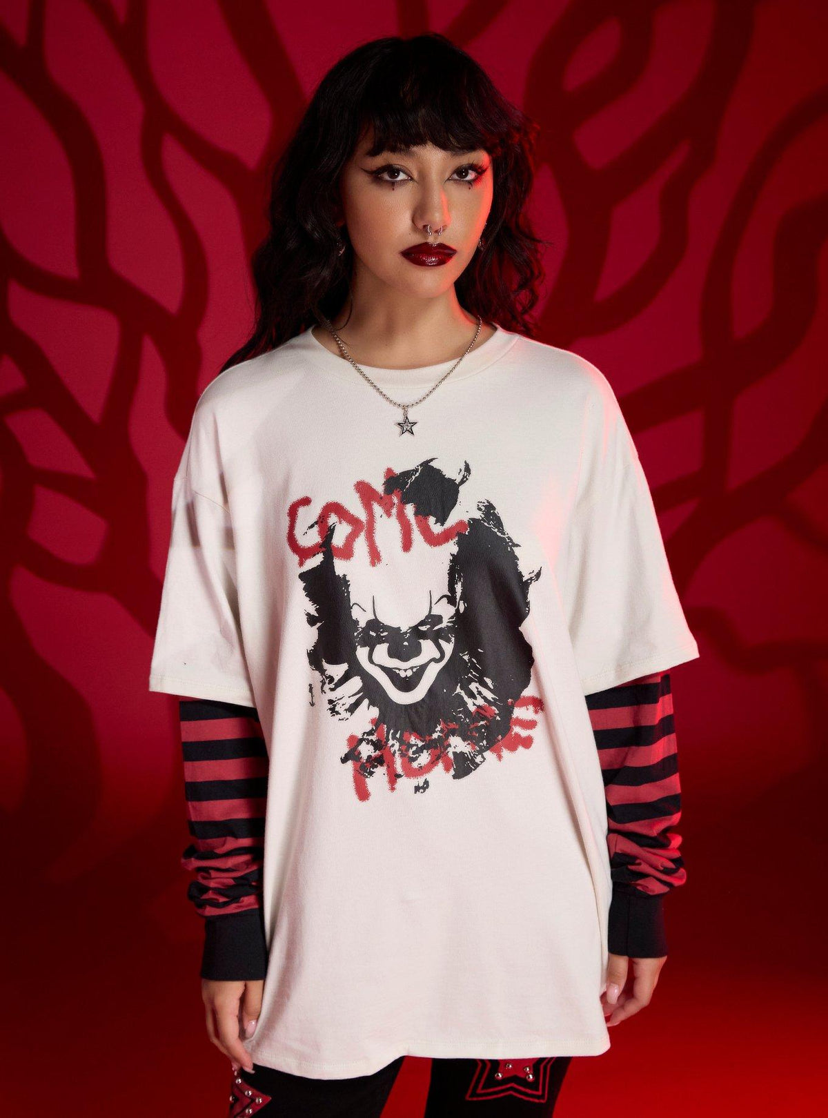 IT Pennywise Oversized Twofer Long Sleeve T Shirt Long Sleeve T Shirt Streetwear Style Graphic Style