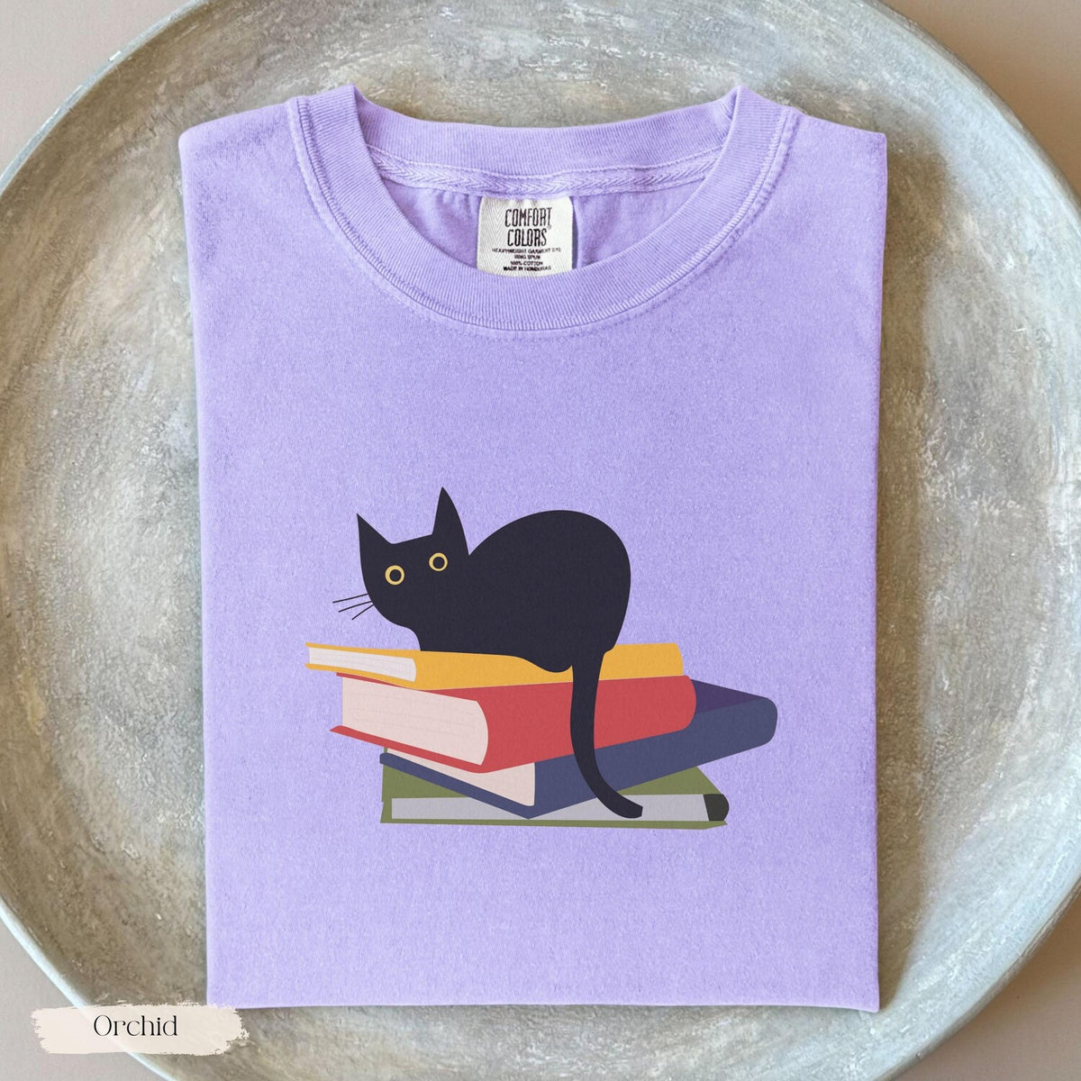 Black Cat on Books T-Shirt - Comfort Colors Tee for Book Lovers
