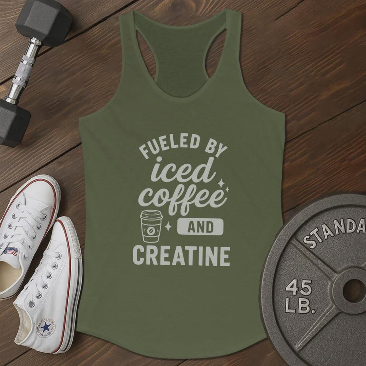 Fueled by Iced Ak Tank â Funny Coffee Gym Shirt for Women, Caffeine Lover Workout Top, Fitness Humor Tank, Strong Girl Tee